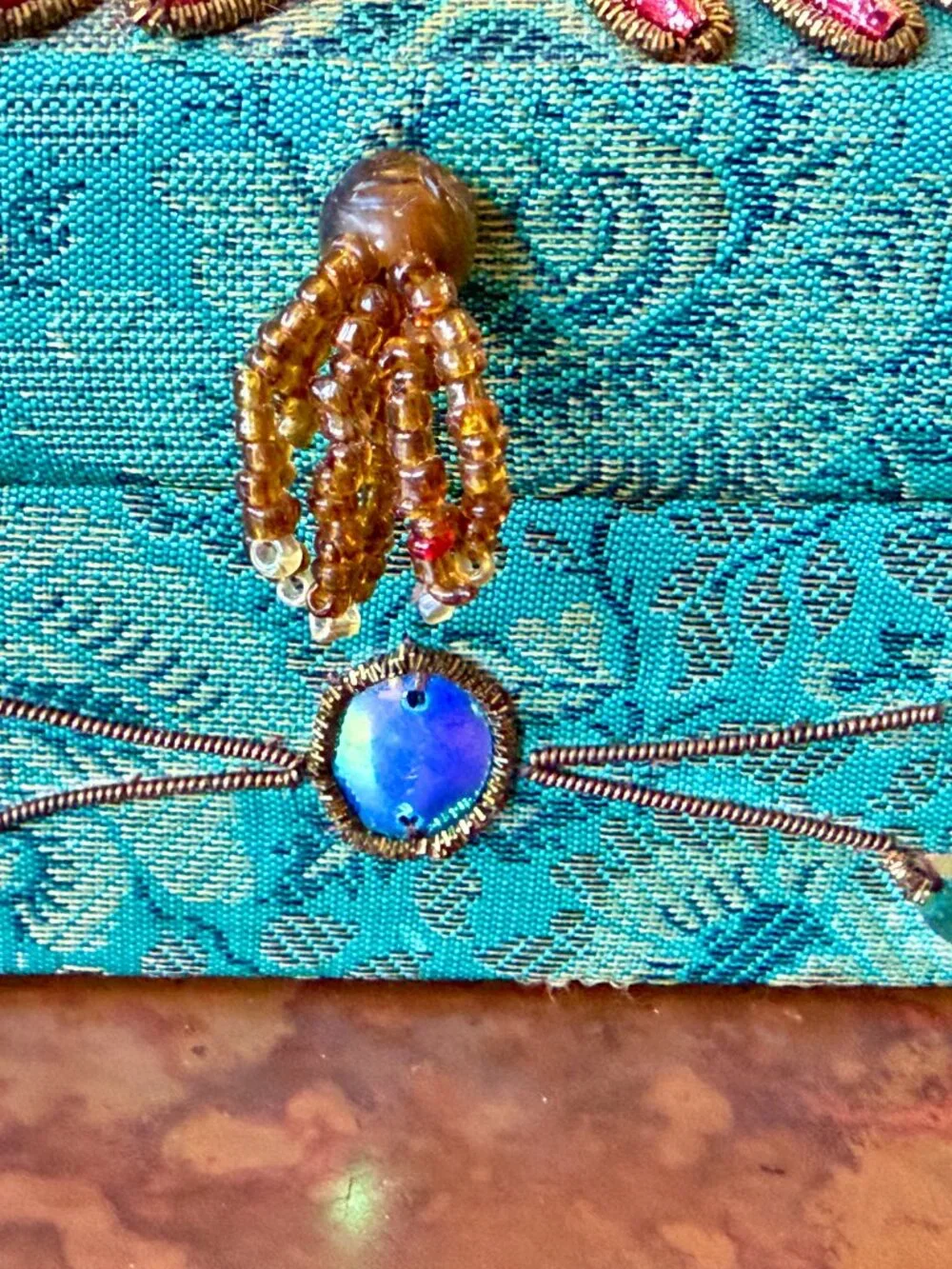 Turquoise Beaded Embroidered Jewelry Box Mirror Trinket Case 7.5 x 5 x 2.5